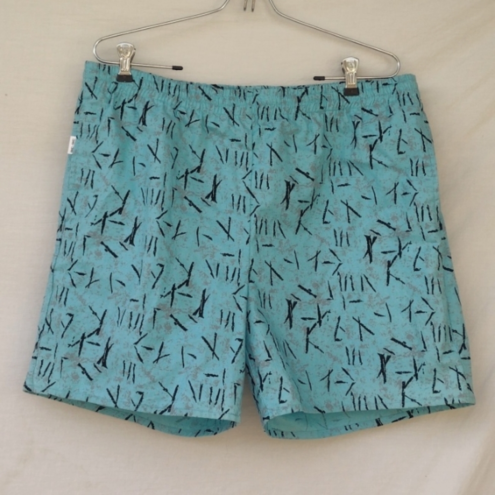 Vintage 80s Aqua Abstract Cotton Swim Trunks Men's Large (36-38)